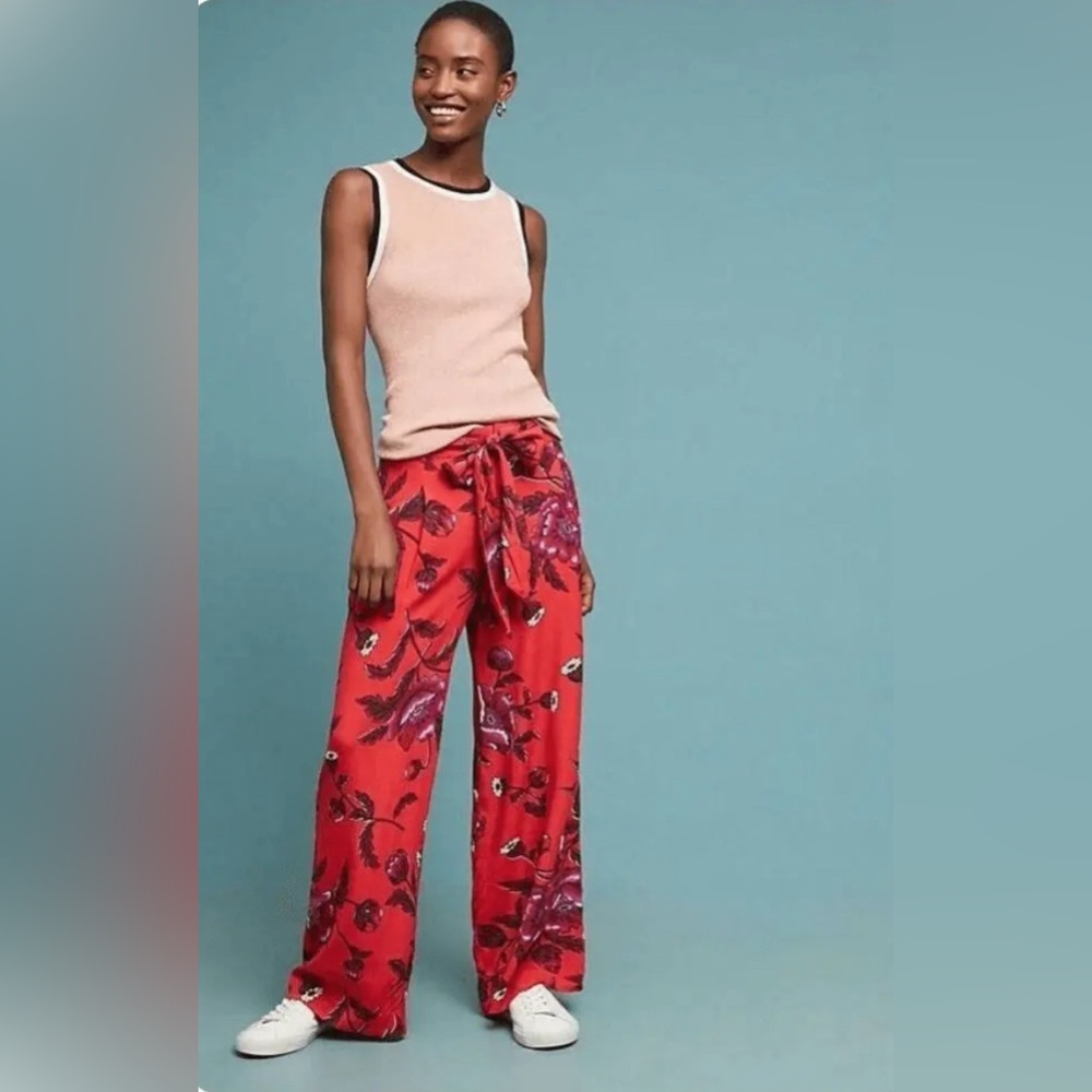 ETTIWA Anthropologie Red Floral Pants Trouser, NWOT